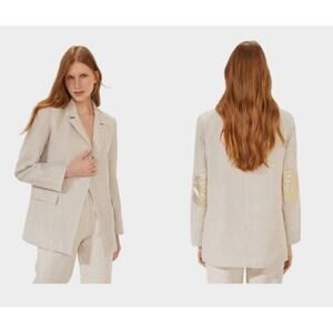 Lanhtropy Linen Blazer Womens Small Beige Gold Tone Star Patch‎ Minimalist NYE